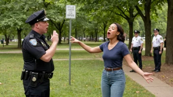 En person prøver å synge i en park, men blir stoppet av en politibetjent eller et skilt som indikerer et sangforbud.