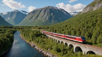 Et lokaltog kjører gjennom et naturskjønt norsk landskap med fjell og fjorder i bakgrunnen