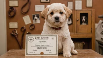 En person som holder en rasehund, med en bakgrunn av utstyr for hundeavl og stamtavler.