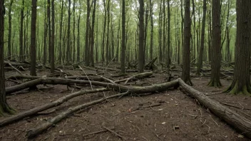 En skog med store skader på trærne, inkludert falne trær og brukne grener.