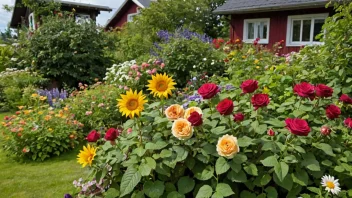 En vakker og fargerik hage med ulike typer blomster, inkludert roser, tusenfryd og solsikker, i en norsk hage.