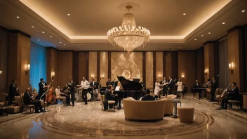 En luksuriøs hotelllobby med live musikkforestilling.