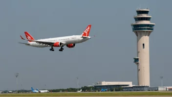 Et fly som venter på landingsgodkjenning på en rullebane, med et kontrolltårn i bakgrunnen