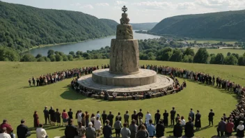 En Haugingkultur, en type kultur, med mennesker samlet rundt et stort steinmonument, med et naturskjønt landskap i bakgrunnen.