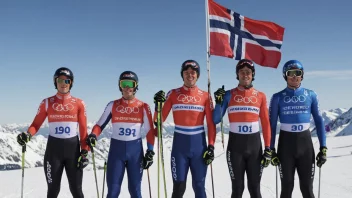 Et lag med skiløpere som representerer Norge, med et norsk flagg som vifter bak dem.