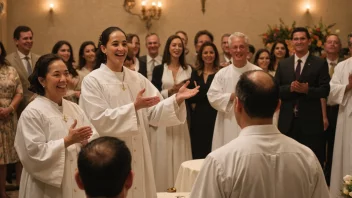 En hjertelig scene fra en dåpsseremoni med et kor som synger en hymne i bakgrunnen.