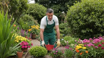 En gartner arbeider i en hage med ulike planter og blomster, omgitt av trær og en solfylt himmel