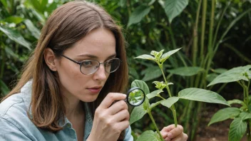 En person studerer en plante med et forstørrelsesglass i en vakker botanisk hage.