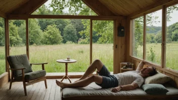 Et fredelig bilde av en person som nyter sommerhuset sitt, med en innsjø eller skog i bakgrunnen.