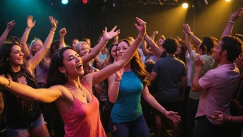 En livlig konsert med et band som spiller musikk og folk som danser i mengden