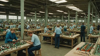 En leketøyfabrikk med mange maskiner og arbeidere som lager leker.