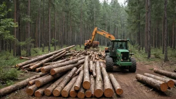 En skog med trær som høstes, med fokus på prosessen med logging og maskinene som brukes.