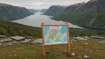 Et idyllisk og malerisk norsk landskap med en skilt eller et kart som viser beliggenheten til Kvanmo