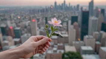 En robot-hånd holder en liten, delikat blomst, med en uskarp bakgrunn av en by.