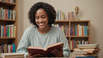 En person som leser en bok med et smil på ansiktet, med en subtil bakgrunn av bøker og lesemateriell.