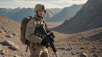 En norsk soldat i militær uniform, med rifle og ryggsekk, i en ørken eller fjellterreng.