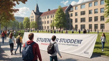 Et bilde av et universitetsområde med studenter som går rundt, med et stort banner i bakgrunnen som leser 'Studentrekruttering'.