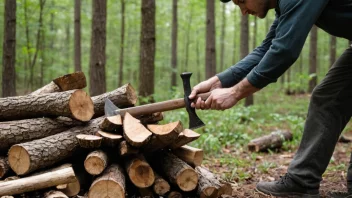 En person som hogger ved med en øks i en skog.