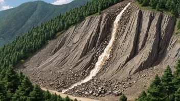 Et stort bergskred på en fjellside, med trær og steiner som ruller ned.