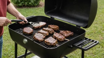 En person som griller kjøtt på en grill, med en tallerken mat i bakgrunnen