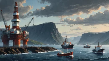 Et bilde av en norsk offshore oljeplattform, med et lasteskip og en fiskebåt i bakgrunnen, satt mot en dramatisk norsk sjølandskap.