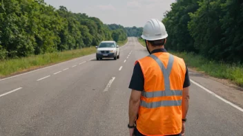 En veginspektør i refleksvest og hardhatt inspisere en vei