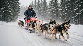 En person kjører en hundeslede med glade hunder som løper i snøen