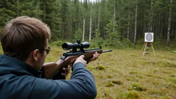 En person som skyter med en rifle mot et mål, med en bakgrunn av en norsk skog.