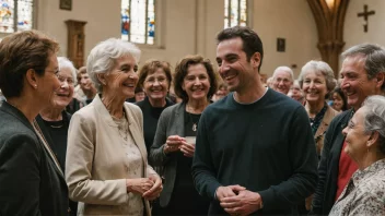 En gruppe mennesker fra ulike aldersgrupper og bakgrunner samlet i en kirke, smiler og pratet med hverandre.