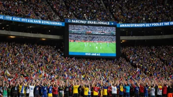 Et stadion med en stor skjerm som viser en idrettskamp