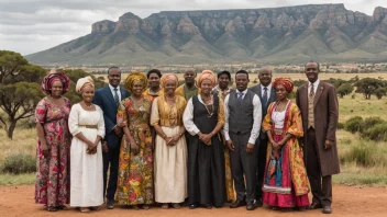 En gruppe mennesker med nederlandsk og afrikansk bakgrunn, kledd i tradisjonelle klær, stående foran et sørafrikansk landskap.