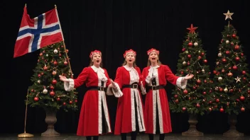 Et festlig juleteater med norske flagg og dekorasjoner