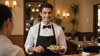 En oppvarter på en restaurant, smiler og tar en bestilling