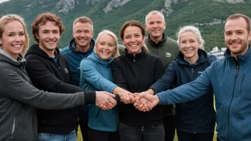 En gruppe mennesker fra Bodø som står sammen, holder hender og smiler, og representerer enheten og fellesskapet i Bodøfellesskap.