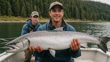 En person i en fiskebåt, som holder opp en stor laks