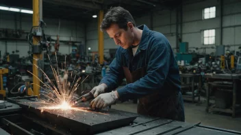 En metallør som arbeider i en fabrikk, omgitt av metallutstyr og maskiner.