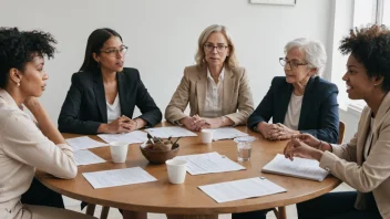 En gruppe mennesker fra ulike bakgrunner og aldre sitter rundt et bord, diskuterer og arbeider sammen for å oppnå lik lønn for likt arbeid.