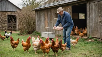 En bonde samler egg fra en redekasse i en gårdsplass med en flokk høns i bakgrunnen