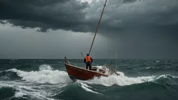 En person i en redningsvest sikrer en båt til kaien med et anker, mens det stormer på sjøen i bakgrunnen.