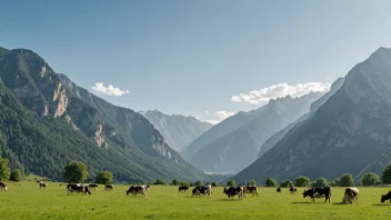 Et idyllisk landskap av et slåtterbeite i Norge, med glade kuer som spiser gress