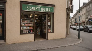 En sigarettbutikk med en skilt som leser 'Sigarettbutikk' på norsk.