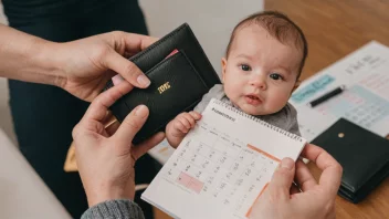 En person som holder et barn, med en lommebok og en kalender i bakgrunnen.