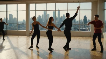 Et dansestudio med mennesker som danser og en bysilhuett i bakgrunnen