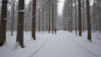 Et vakkert vinterlandskap med en perfekt preparert langrennsløype, omgitt av snødekte trær og skiløpere som nyter den fine dagen.