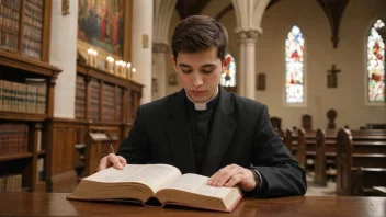 En person studerer en bok med en velsignelse eller benediksjon i en kirke eller bibliotek.