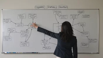 En person i en lederstilling, stående foran en whiteboard med et diagram av et selskaps organisasjonsstruktur.