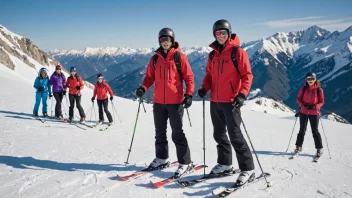 En skikursinstruktør som underviser en gruppe elever på et snødekt fjell.