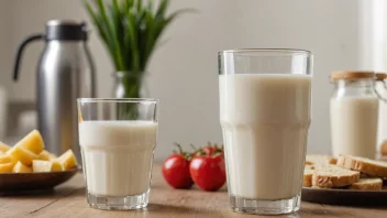 Et glass melk eller juice med en lett måltid eller snacks i bakgrunnen