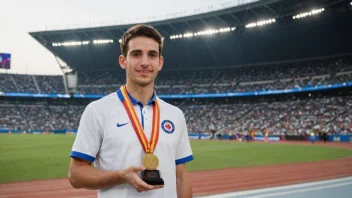 En mester som holder et trofé og bærer en medalje, med et stadion i bakgrunnen.