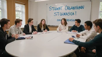 En gruppe elever fra ulike aldersgrupper og bakgrunner samlet rundt et bord, engasjert i en diskusjon med en stor banner eller whiteboard i bakgrunnen med ordene 'Elevorganisasjon' skrevet i store bokstaver.